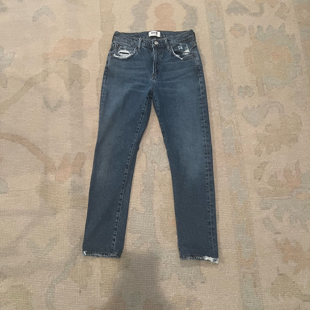 Agolde Dark Blue Distressed Straight Leg Jeans